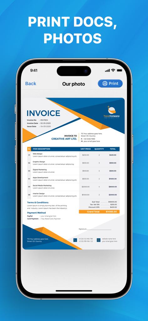 iPhone screen displaying a digital invoice within the Smart Printer App ready for printing