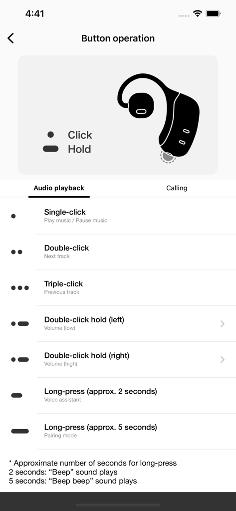 nwm Connect - La pantalla de la aplicación nwm Connect que muestra las instrucciones de operación de los botones para las funciones de reproducción de audio y llamadas en auriculares de oído abierto.