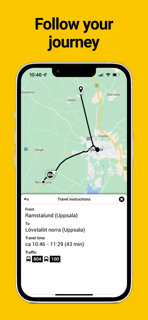 UL-App-Bildschirm mit einer Busroute auf einer Karte und Reiseanweisungen