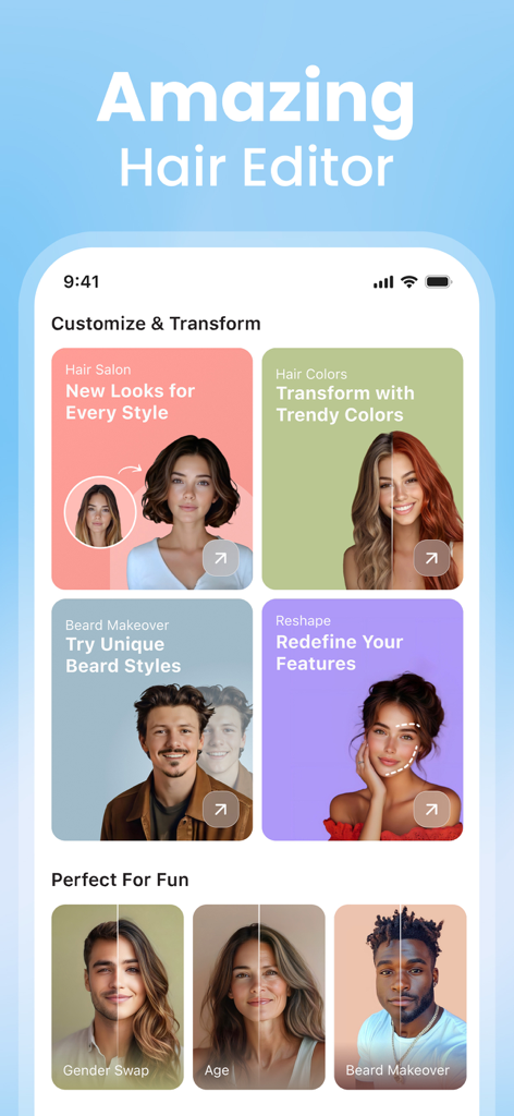Captura de pantalla de la aplicación Hair AI que muestra filtros de peinado, transformación de color de cabello, cambio de imagen de barba y funciones de remodelación facial