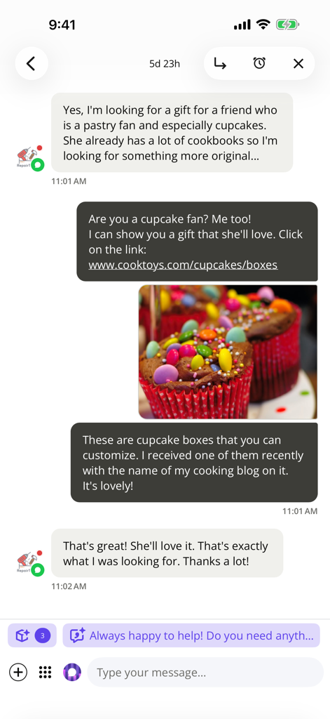 ibbü - Interfaz de chat de la app ibbu que muestra a un experto recomendando un regalo a un comprador