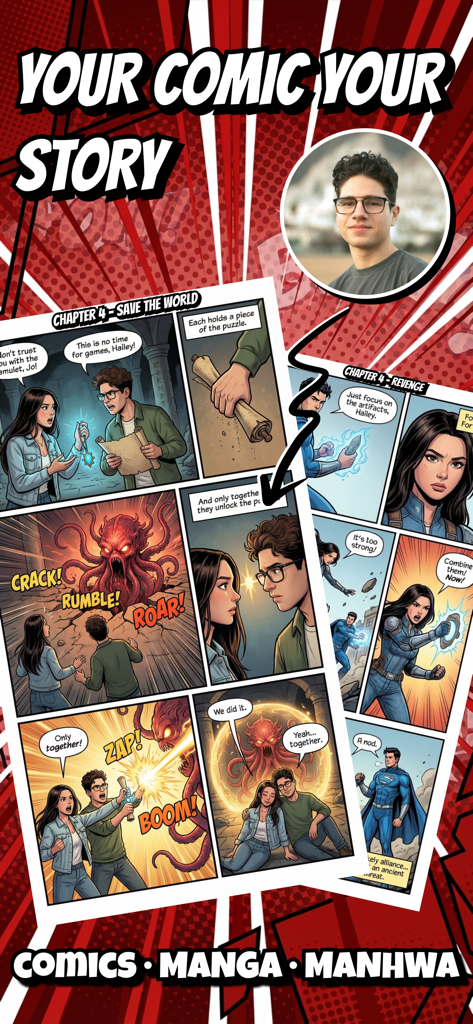 Foto de un joven transformada en una colorida historia de cómic con paneles de acción y diálogos