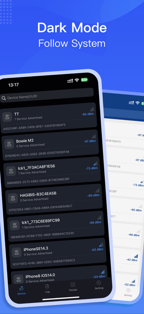 Interface do aplicativo BluetoothAssistant mostrando uma lista de dispositivos Bluetooth escaneados em modo escuro com indicadores de intensidade de sinal