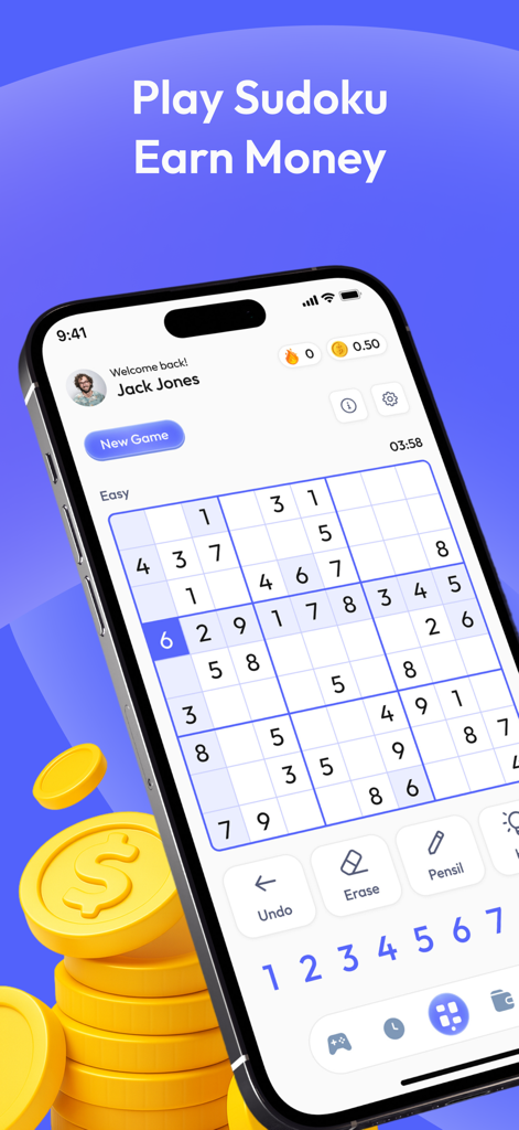 Sudoku Cash app showing a puzzle grid and cash rewards on a smartphone screen.