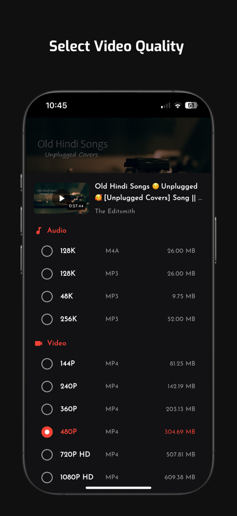 VdoTube - No ads in video - VdoTube app interface for selecting video resolution and audio quality options in dark mode