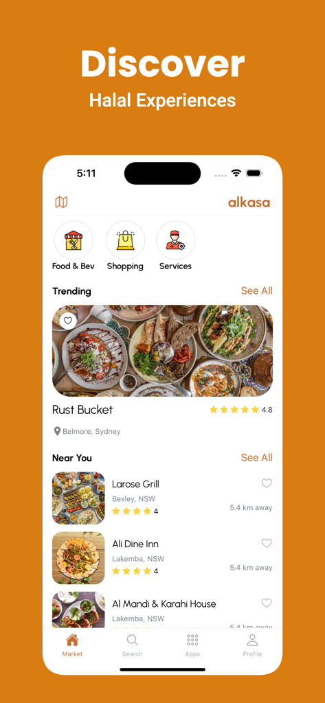 alkasa - Der Startbildschirm der alkasa App, der angesagte und nahegelegene Halal-Restaurants und Lifestyle-Services anzeigt.