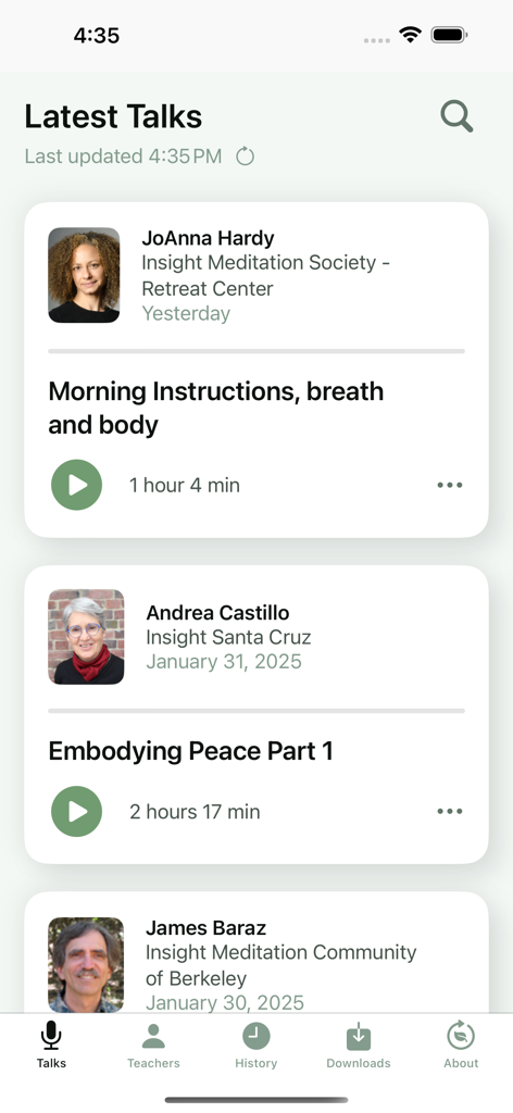 Dharma Seed - The Latest Talks screen of the Dharma Seed app displaying a list of meditation recordings and teachers.