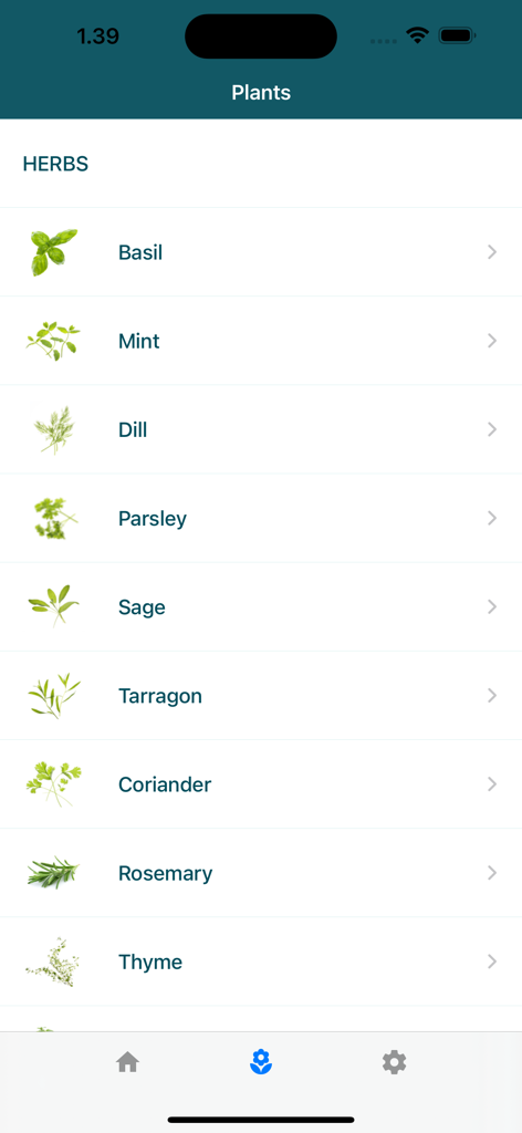Tregren SmartGardener app showing a selection of herbs including basil mint and dill for indoor gardening