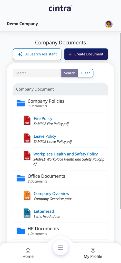 Cintra People HR - Cintra People HR app interface showing the company documents section with folders for policies and office files