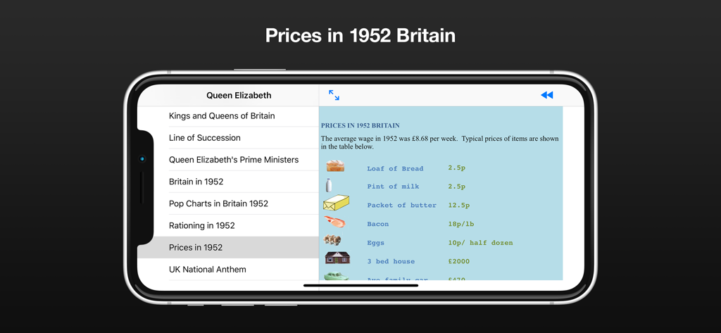 Queen Elizabeth II - Una lista de precios de alimentos y viviendas en Gran Bretaña de 1952 mostrada dentro de la aplicación de referencia Reina Isabel II.