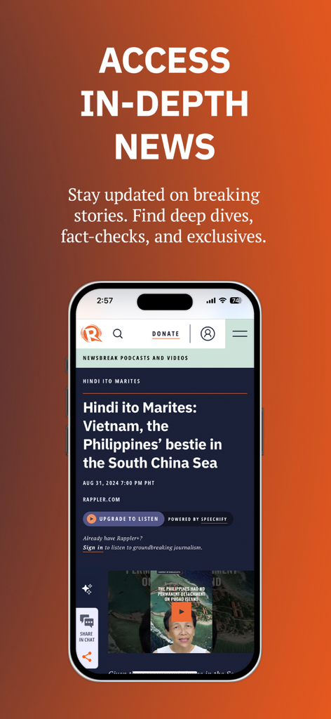 Rappler: PH News & Community - Rappler mobile app showing an in depth news article about the Philippines and Vietnam