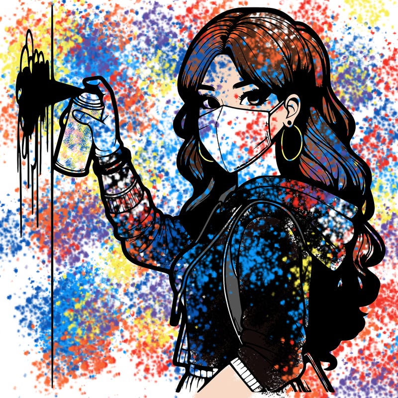 realistic girl with mask spray painting a wall