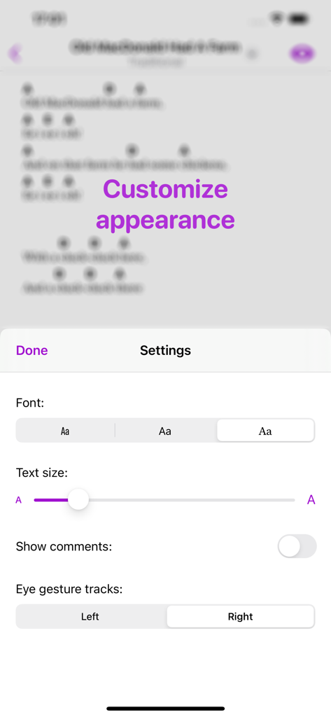 Pantalla de configuración de la aplicación Strum que muestra opciones de personalización de fuente, tamaño de texto y seguimiento de gestos oculares para desplazamiento manos libres.
