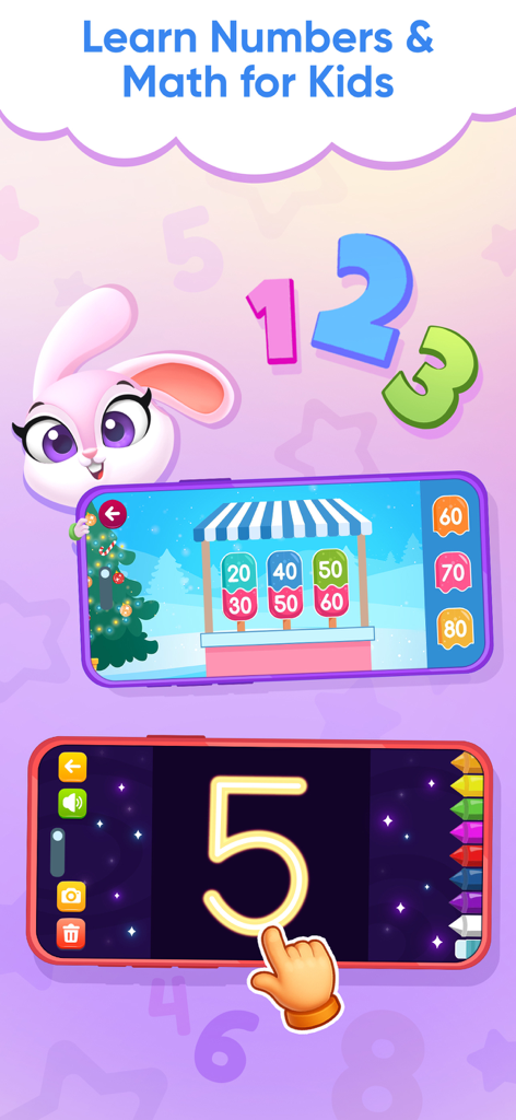 Preschool Games 2 4 Year Old - Pantalla de la aplicación Binky Academy con trazos de números y juegos de matemáticas para niños.