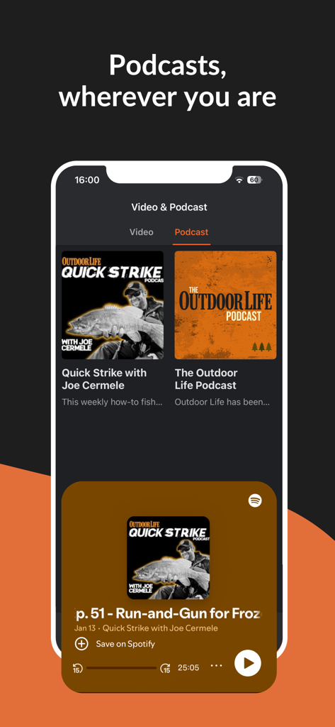 Outdoor Life - Podcast screen of the Outdoor Life app showing hunting and fishing podcast titles