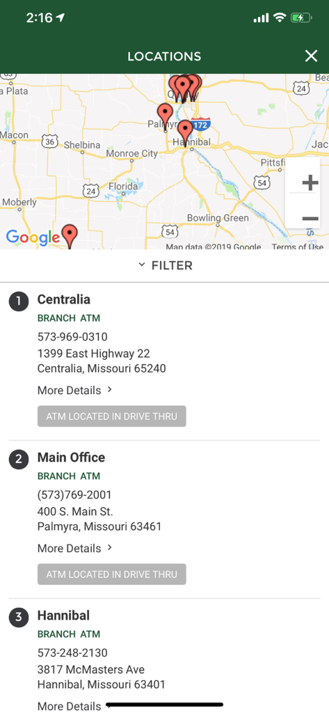 HOMEBANK - HOMEBANK app screen showing a map and list of bank branches and ATM locations in Missouri