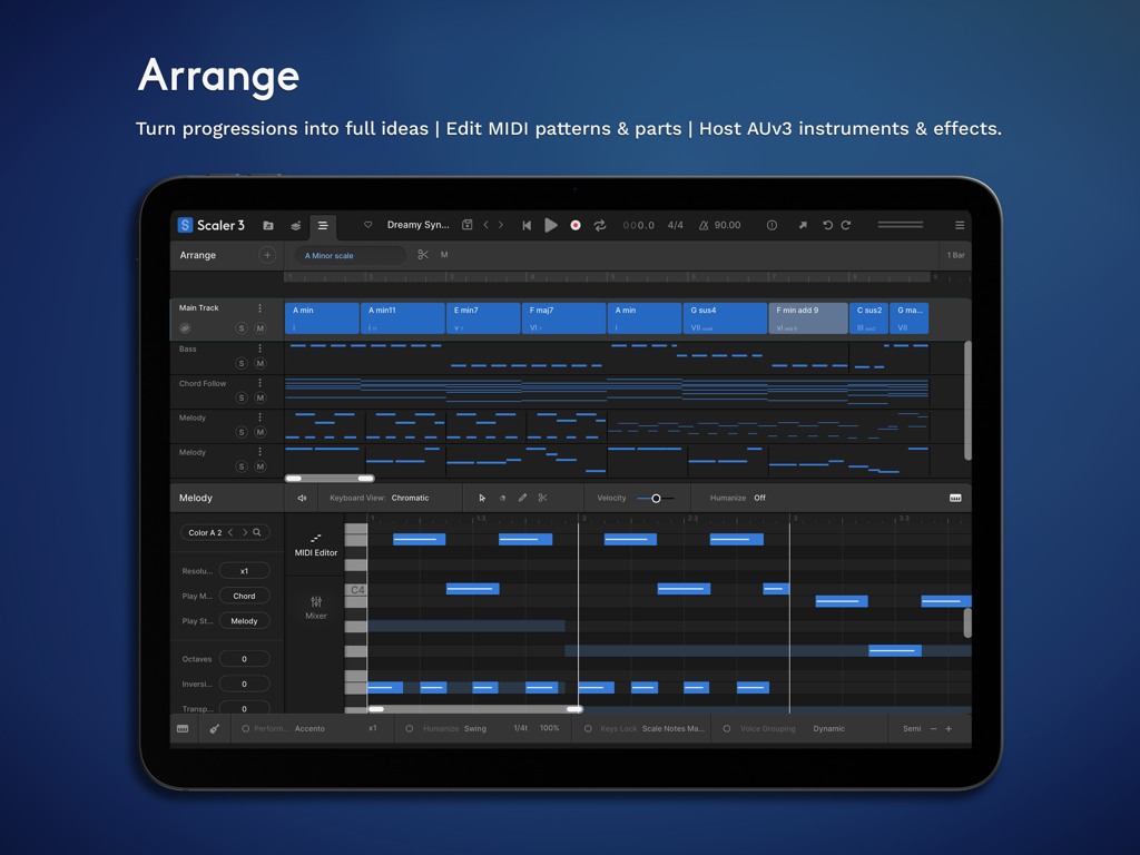 Interfaz de la aplicación Scaler 3 en iPad que muestra la vista de arreglo con patrones MIDI y un editor de rollo de piano