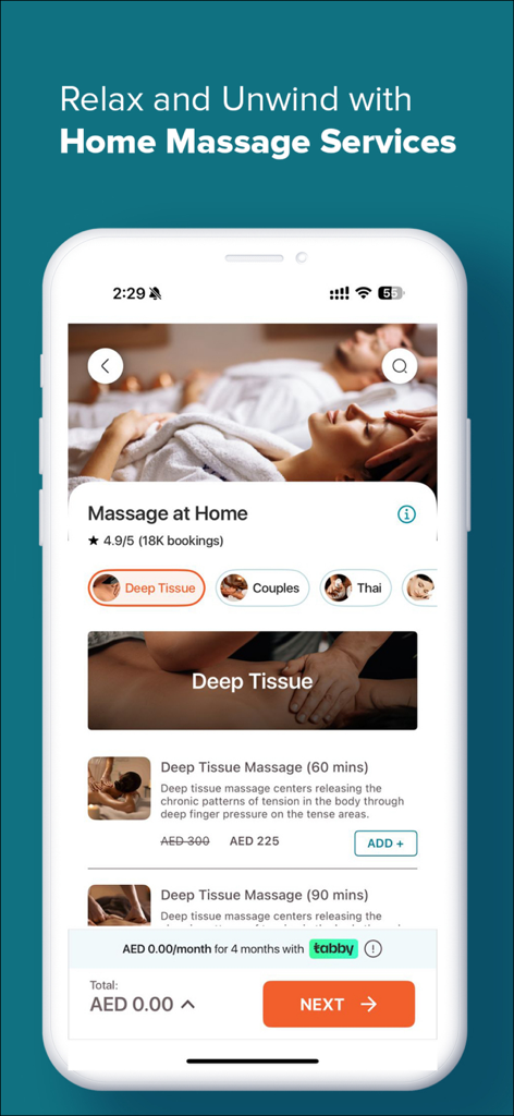 Mobile app screen for booking professional home massage services