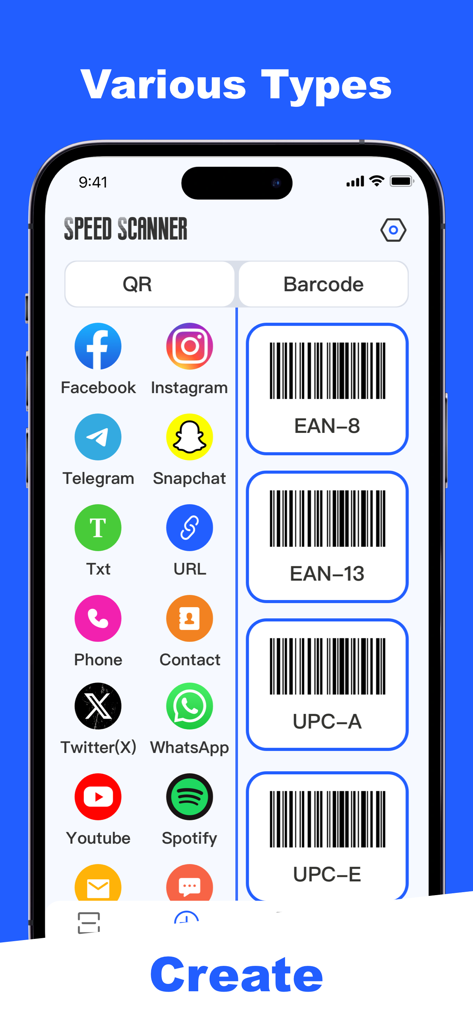 Speed Scanner - QR Barcode App - Interface showing QR code and barcode creation options for social media and retail categories