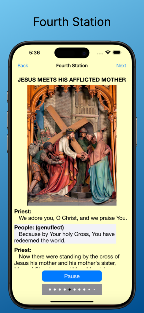 Scriptural Stations - English - Interfaz de la aplicación móvil que muestra la Cuarta Estación de la Cruz donde Jesús se encuentra con su madre