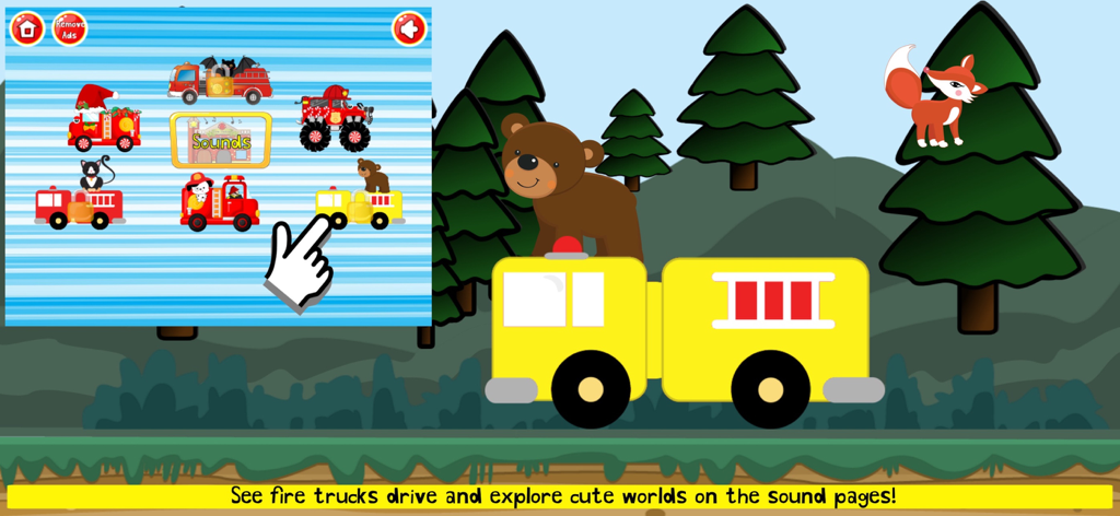 A yellow fire truck and a brown bear in a forest scene from the Fireman Game app
