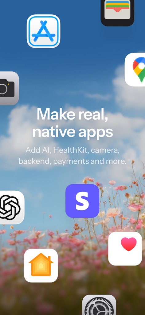 Anything AI App Builder zeigt native App-Funktionen und Integrationen von Drittanbietern wie Stripe und HealthKit