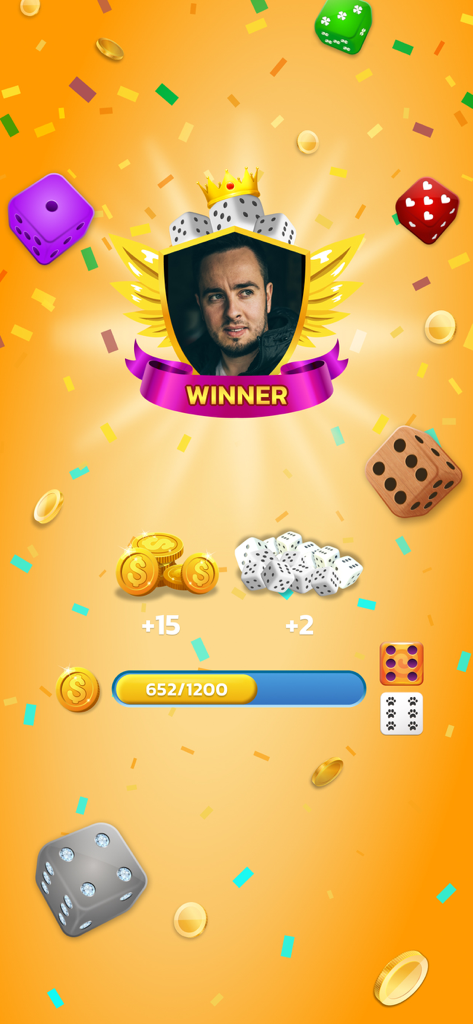 Yatzy app winner screen with a profile shield and coin rewards