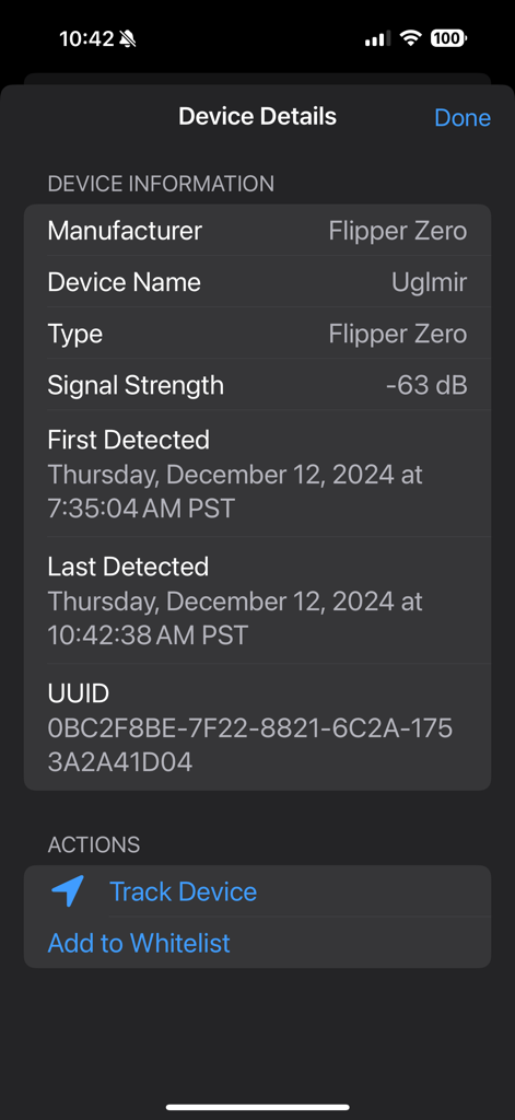 Tracker Detector - Smartphone screen showing technical device details for a detected Flipper Zero tracker including signal strength and UUID