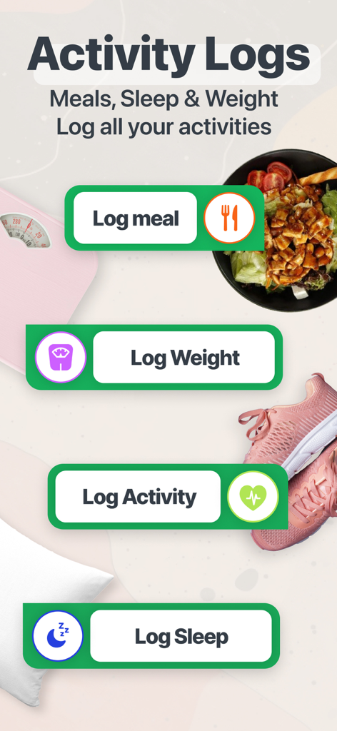 Fastingo: Intermittent Fasting - Captura de pantalla de la app Fastingo que muestra registros de actividad de comidas, sueño, peso y ejercicio