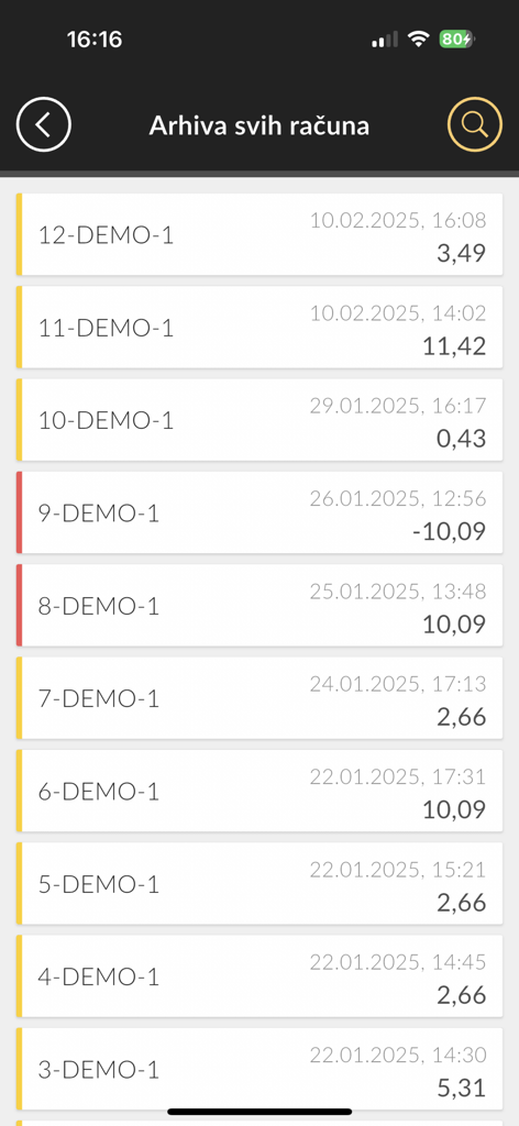 Mobilna fiskalna - Belegarchiv-Bildschirm in der Mobilna fiskalna App, der eine Liste von digitalen Belegen mit Daten und Transaktionsbeträgen anzeigt