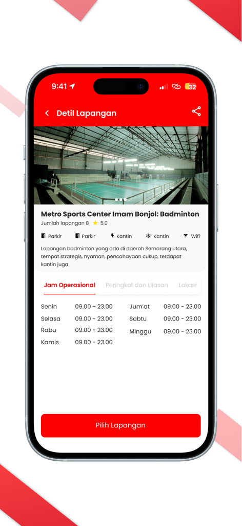 Laparaga - Laparaga app screen displaying venue details for a badminton sports center including facilities and opening hours.