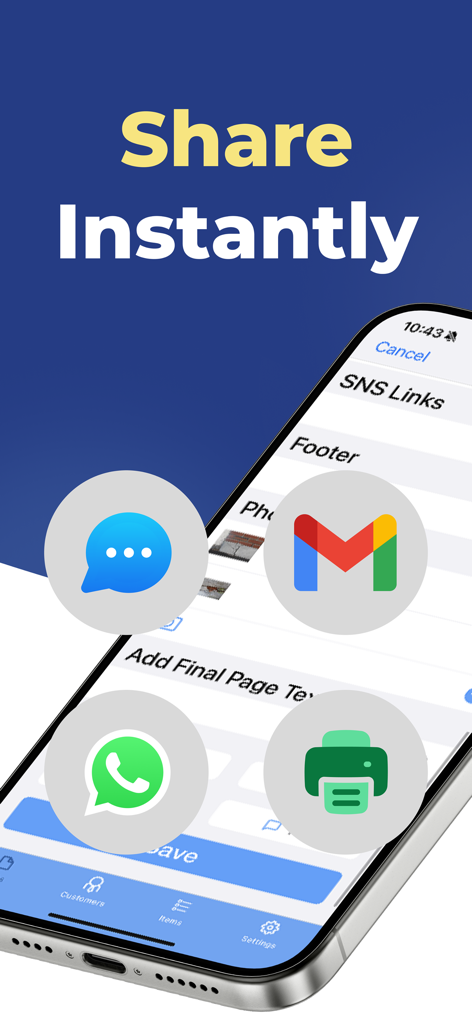 Work Order Maker app interface showing sharing options for email, messaging, and printing