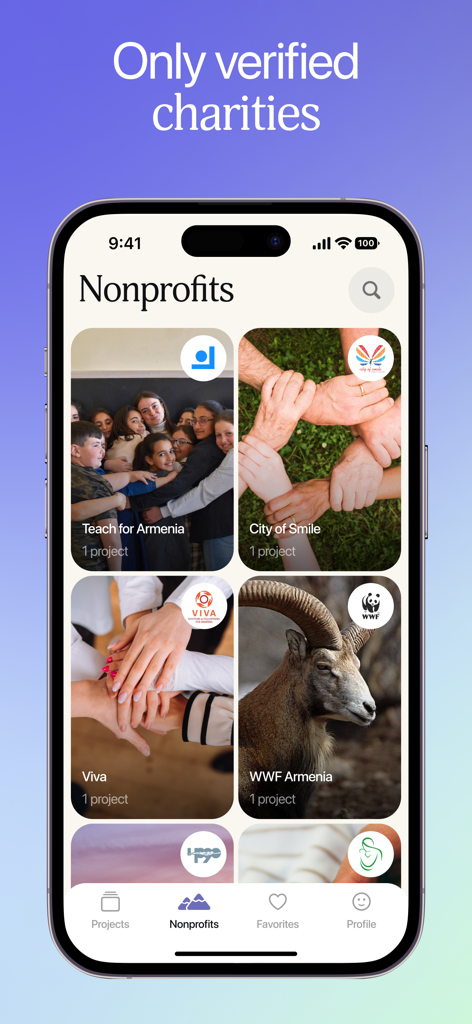 IMAST: Charity Donate - IMAST app interface displaying a list of vetted nonprofit organizations in Armenia for micro-donations