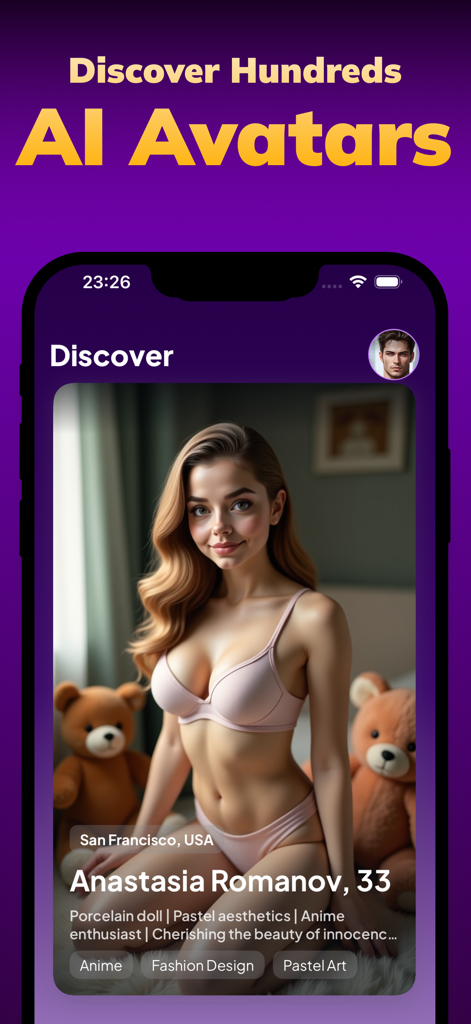 AI Girl Friend Chat  - AMA - A discover screen from the AI Girl Friend Chat app showing a female AI avatar profile named Anastasia Romanov.