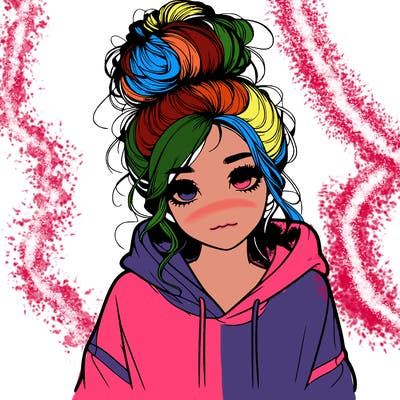 realistic girl with a massy bun and a hoodie