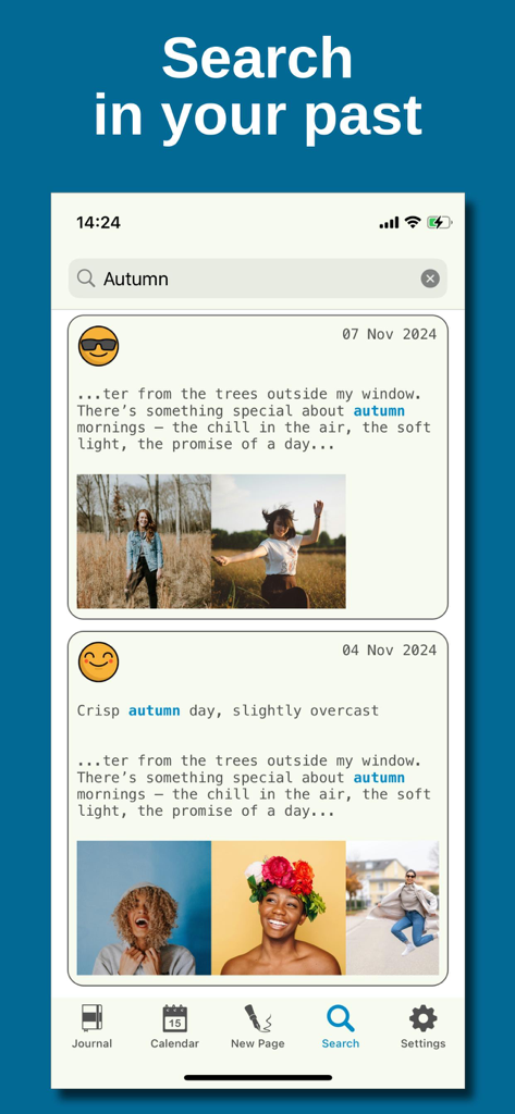 My Daily Diary ‎ - Una página de resultados de búsqueda en la aplicación Mi Diario Personal que muestra entradas de diario pasadas con fotos y emojis de estado de ánimo.
