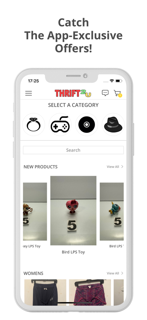 The home screen of the Thrift2U app showing shopping categories and new product listings