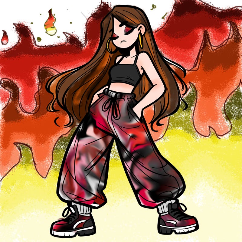 girl in baggy pants crop top and long hair