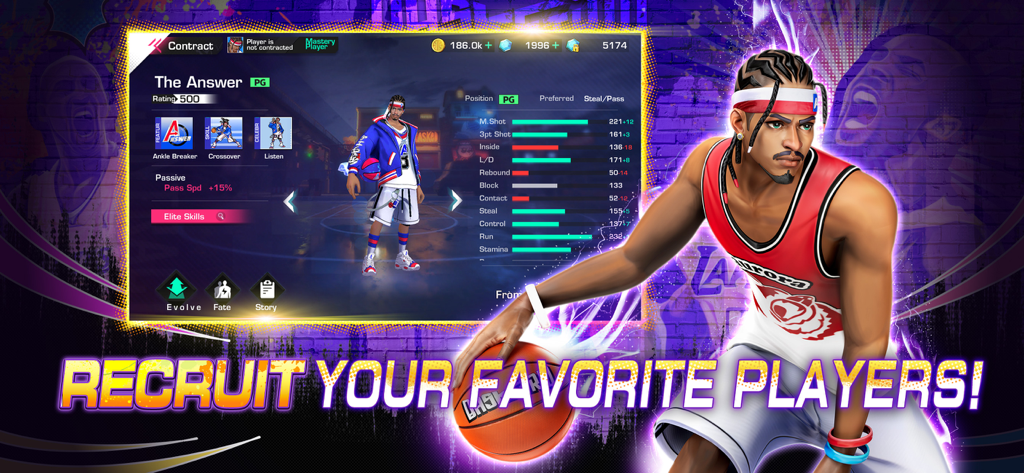 Basketrio: Allstar Streetball - Character recruitment screen in Basketrio Allstar Streetball showing player stats and skills