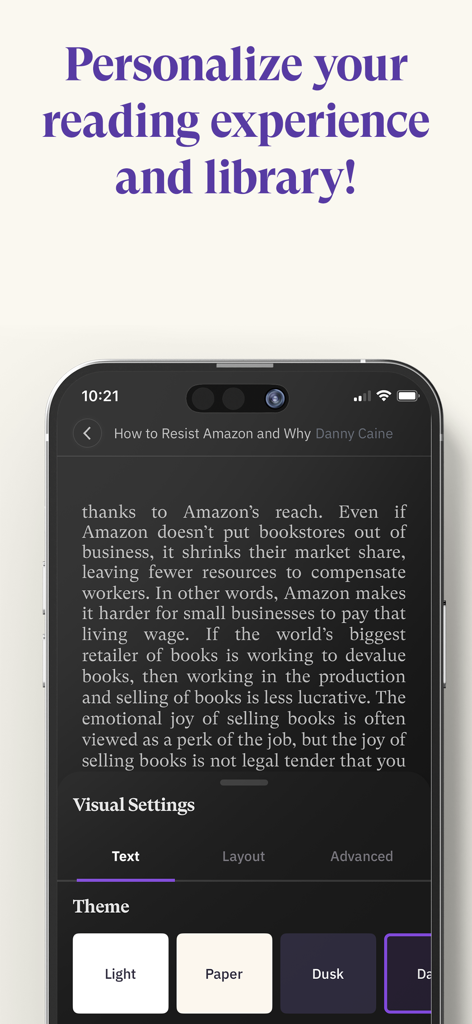 Bookshop.org Ebooks - Interface of the Bookshop.org Ebooks app showing visual settings to personalize the reading experience