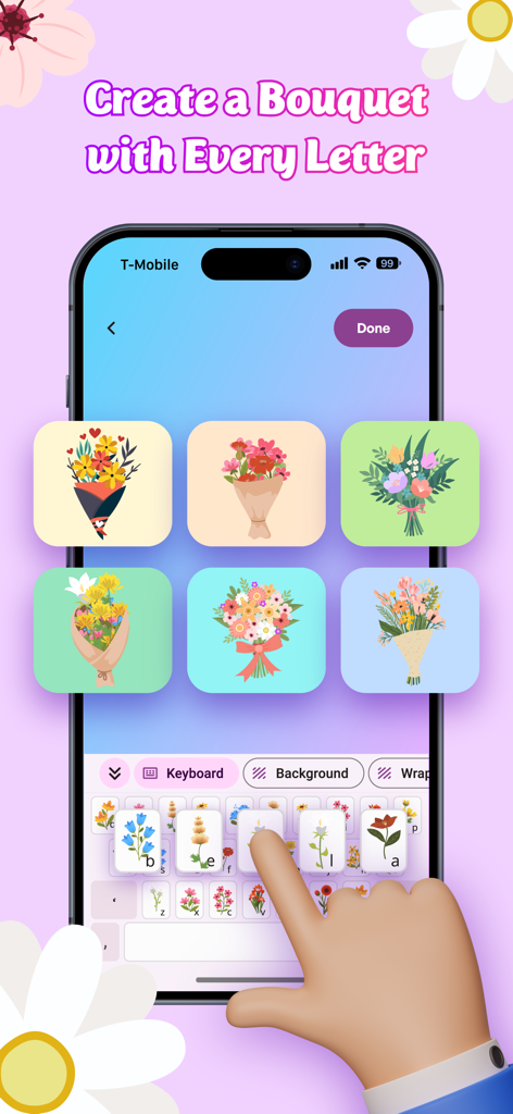 Flower Language Keyboard Color - A mobile app interface showing a floral keyboard used to create custom flower bouquets with names