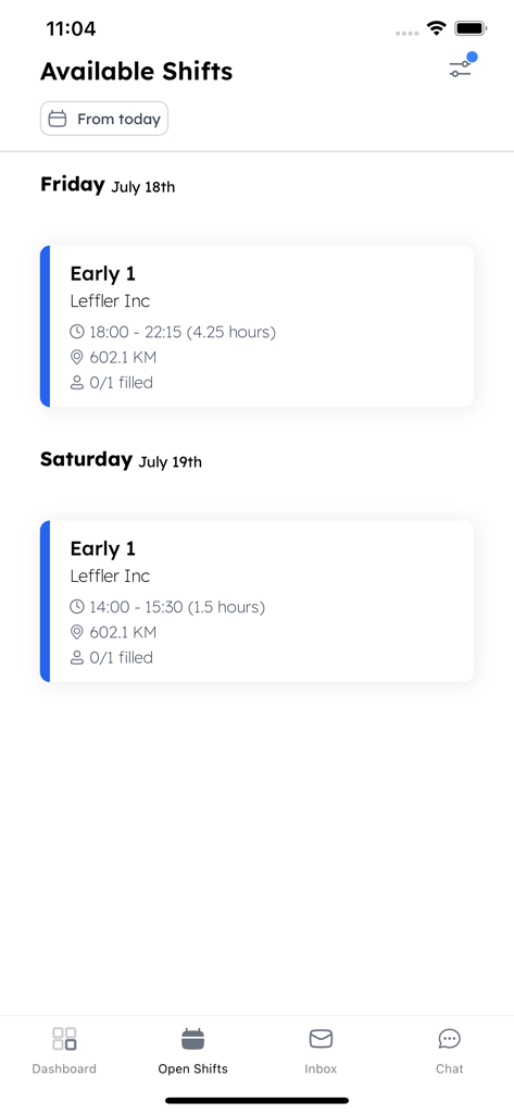 Sona mobile app interface showing a list of available work shifts for a deskless employee