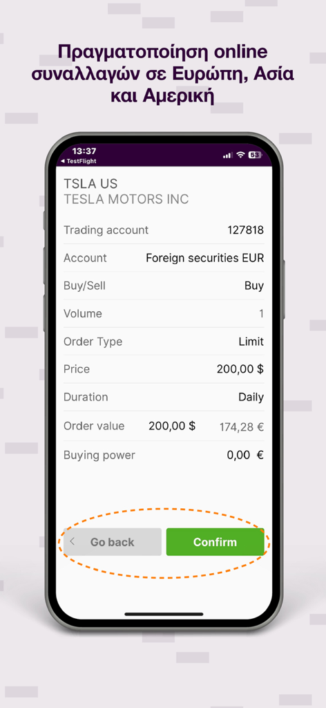 Optima Trader - Optima Trader app screen showing a buy order for Tesla stock with details on price volume and value