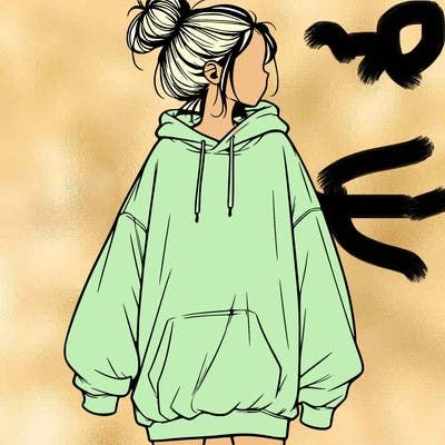 realistic girl with a oversized sweatshirt on and a bun