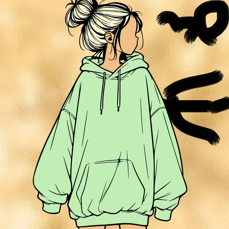 realistic girl with a oversized sweatshirt on and a bun