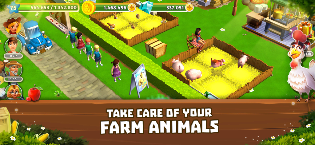 Escena de granja 3D que muestra cerdos y conejos en corrales con el texto Cuida de los animales de tu granja