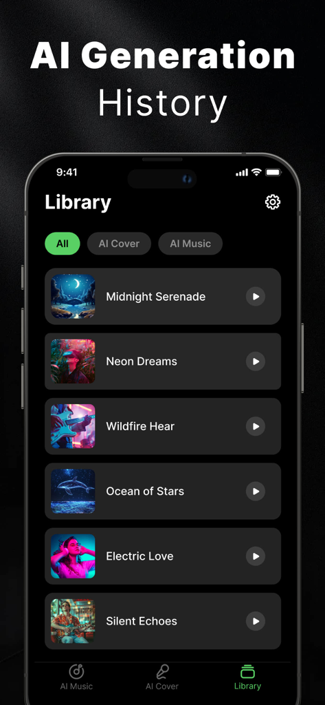 AI Cover&Music Maker ·Bach AI - Pantalla de la biblioteca de generación de música de la aplicación móvil Bach AI mostrando una lista de pistas de música y covers generados.