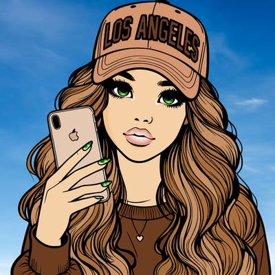 realistic beautiful girl wearing los ángeles cap holding an iphone