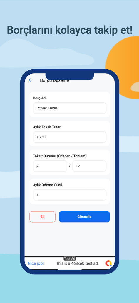 Borç Defteri - Borç Defteri mobile App-Oberfläche, die einen Bildschirm zur Bearbeitung von Schulden mit Feldern für Kreditname, monatliche Raten und Zahlungsdaten zeigt
