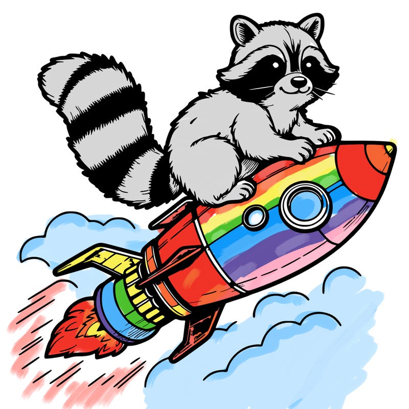 realistic raccoon flying on top rocket ship